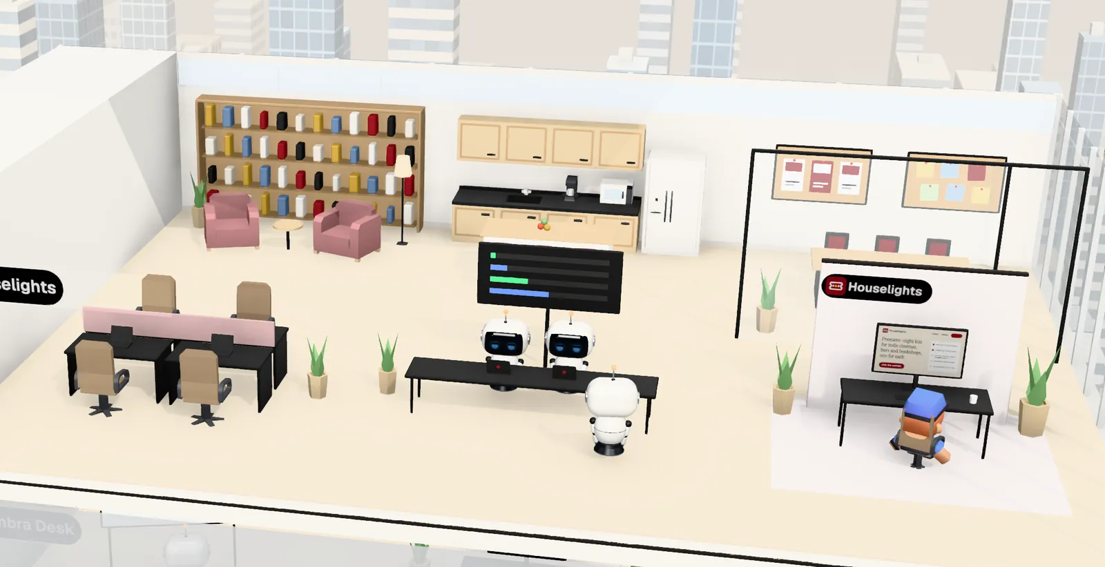 Houselights’ office on floor 3 of Tower 2: the owner’s desk with the website on screen, the agents’ bench, a meeting room and a library